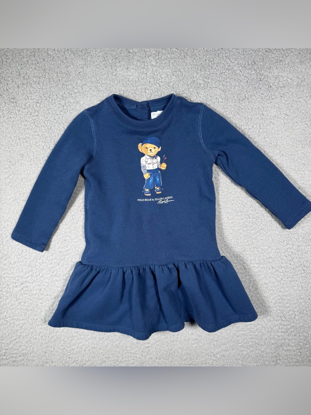 Polo Ralph Lauren Bear Vtg Kids Girls Navy Blue Long Sleeve Dress T Shirt 18M